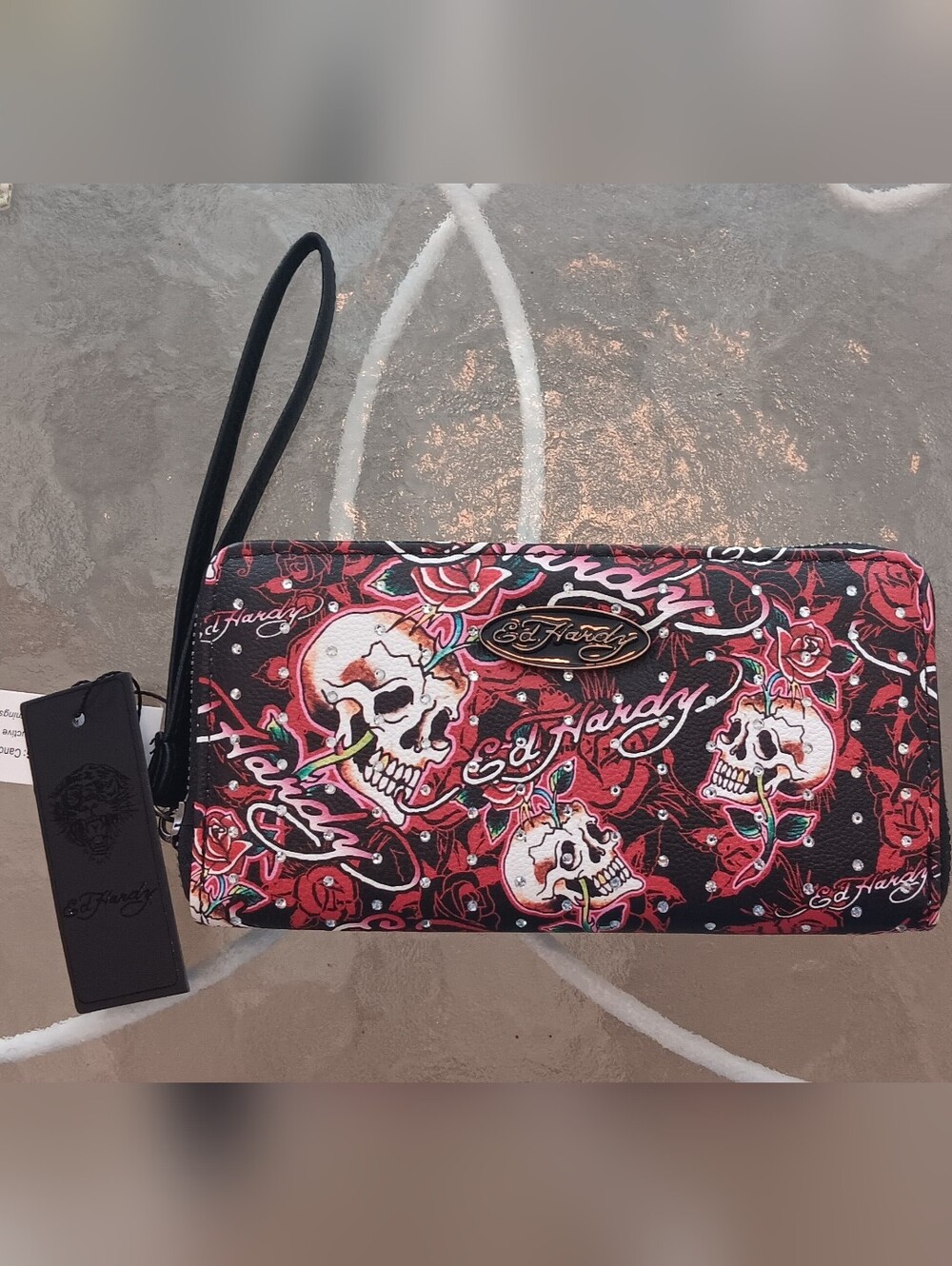 Ed Hardy Skulls and Roses Rhinestones Wallet Wristlet Tattoo Print NWT